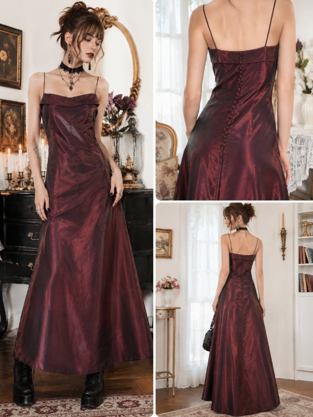 Vintage Y2K Burgandy Iridescent Liquid Satin Maxi Dress Goth Vampy Gown
